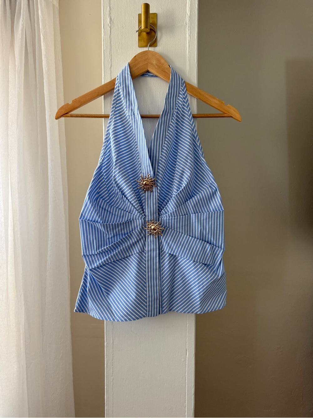 COMMENSE Blue White Striped Halter Top Gold Sunburst Buttons Size S